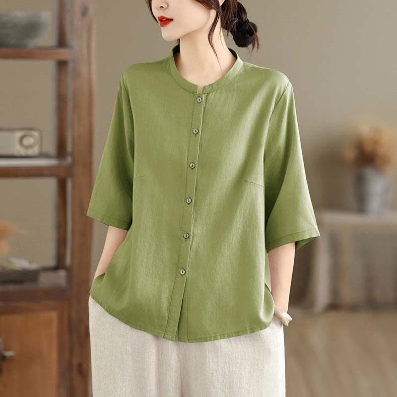 Nimara Ritual Summer Minimalist Button-Up Mandarin Collar Side Slit Solid Women's Short Sleeve Shirts