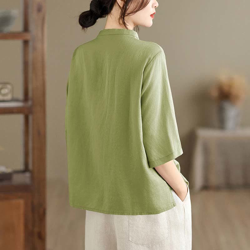 Nimara Ritual Summer Minimalist Button-Up Mandarin Collar Side Slit Solid Women's Short Sleeve Shirts