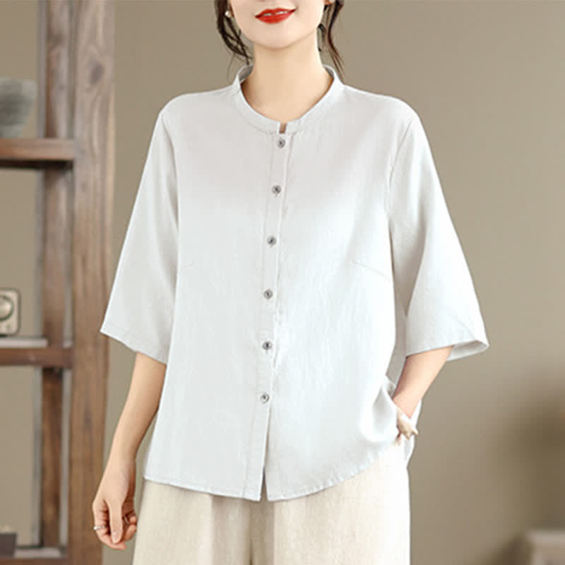 Nimara Ritual Summer Minimalist Button-Up Mandarin Collar Side Slit Solid Women's Short Sleeve Shirts