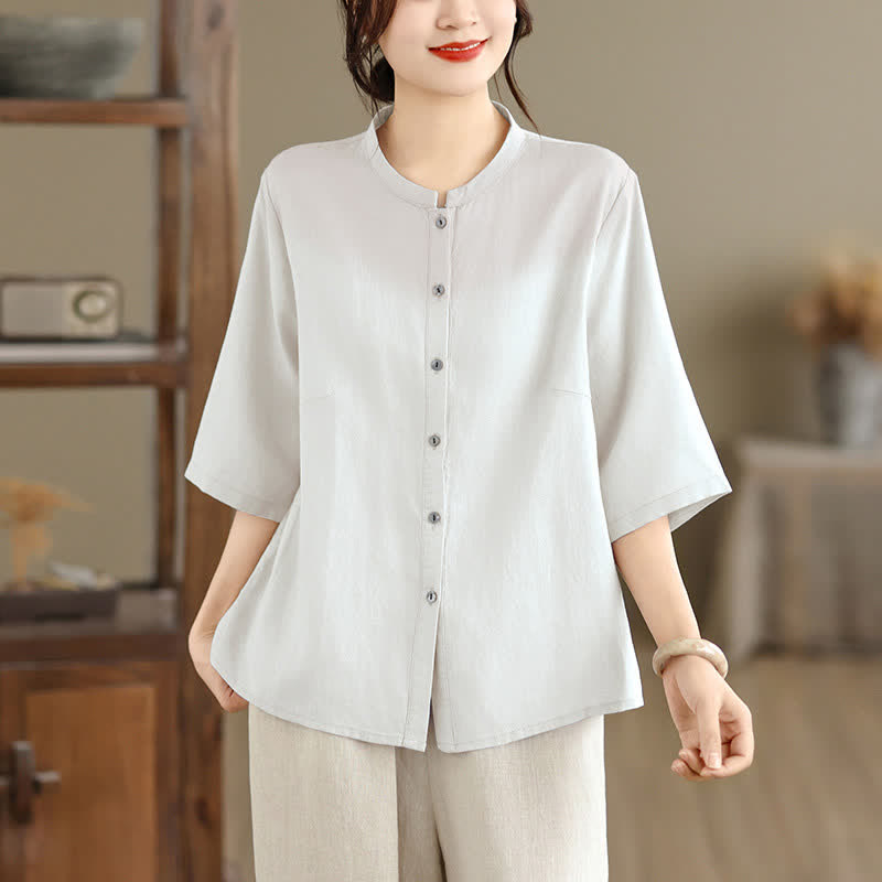 Nimara Ritual Summer Minimalist Button-Up Mandarin Collar Side Slit Solid Women's Short Sleeve Shirts