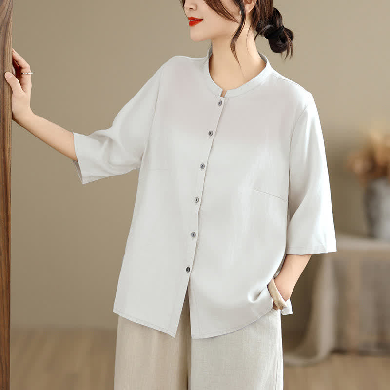 Nimara Ritual Summer Minimalist Button-Up Mandarin Collar Side Slit Solid Women's Short Sleeve Shirts