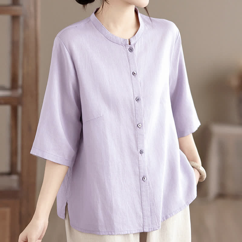 Nimara Ritual Summer Minimalist Button-Up Mandarin Collar Side Slit Solid Women's Short Sleeve Shirts