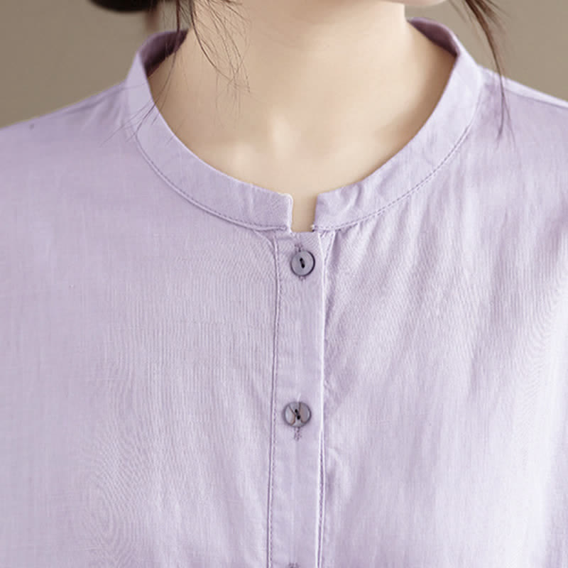 Nimara Ritual Summer Minimalist Button-Up Mandarin Collar Side Slit Solid Women's Short Sleeve Shirts