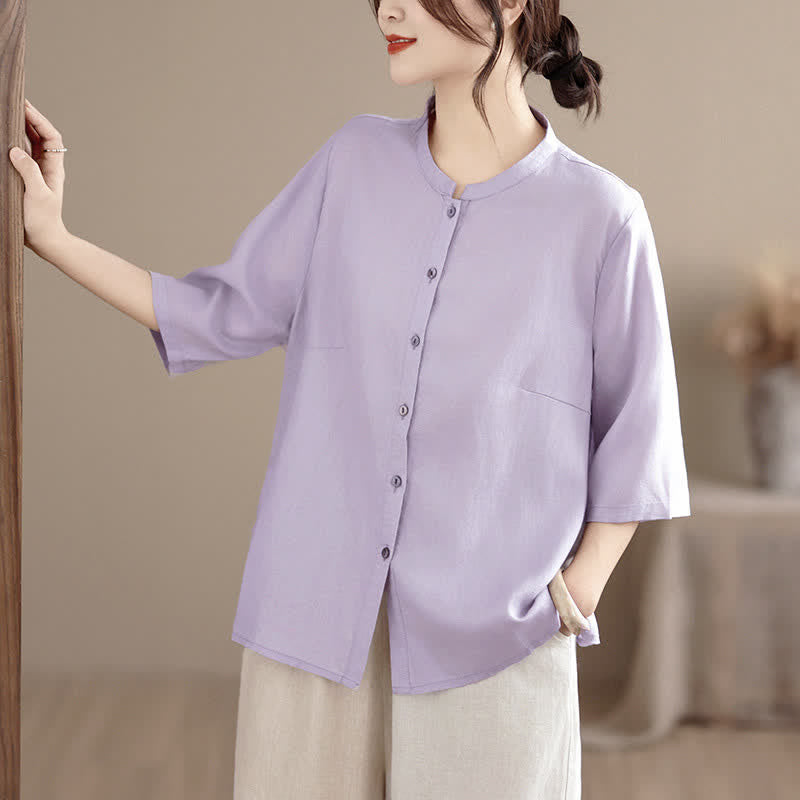 Nimara Ritual Summer Minimalist Button-Up Mandarin Collar Side Slit Solid Women's Short Sleeve Shirts