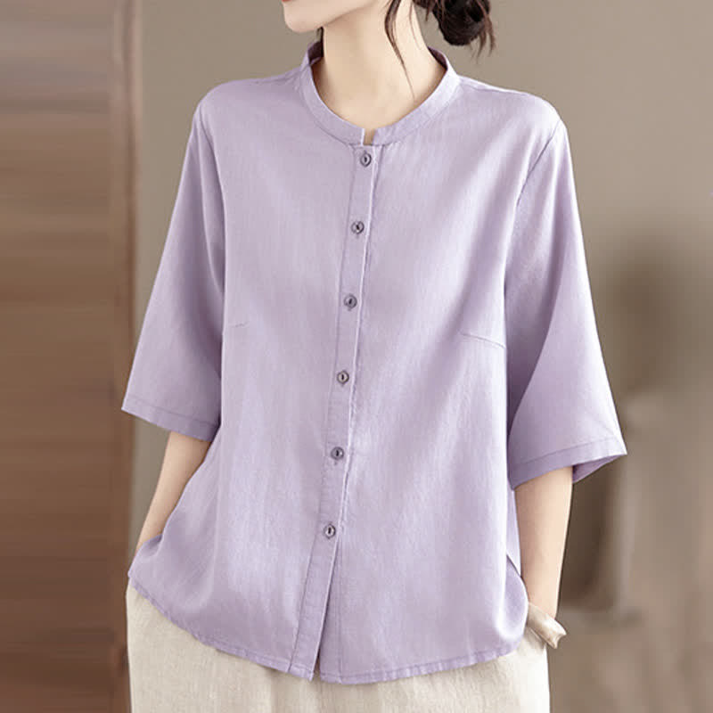 Nimara Ritual Summer Minimalist Button-Up Mandarin Collar Side Slit Solid Women's Short Sleeve Shirts