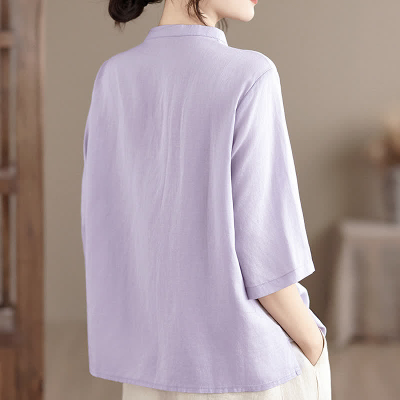 Nimara Ritual Summer Minimalist Button-Up Mandarin Collar Side Slit Solid Women's Short Sleeve Shirts