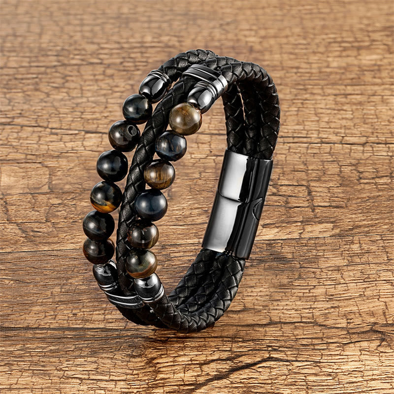 Nimara Ritual Tiger Eye Hematite Lava Rock Black Onyx Lazurite Lapis Lazuli Beads Protection Strength Leather Bracelet