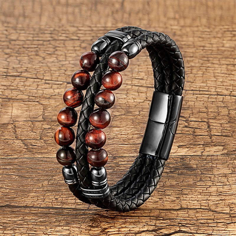 Nimara Ritual Tiger Eye Hematite Lava Rock Black Onyx Lazurite Lapis Lazuli Beads Protection Strength Leather Bracelet