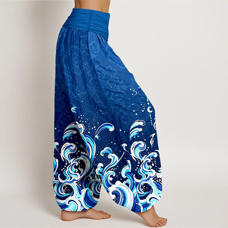 Nimara Ritual Pure Cotton Ocean Wave Gradient Pattern Women's Elastic Waist Harem Pants