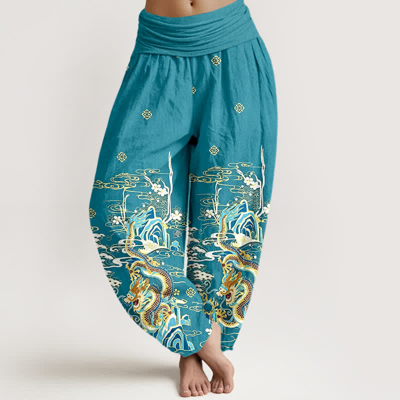 Nimara Ritual Pure Cotton Dragon Cloud Wave Pattern Women's Elastic Waist Harem Pants