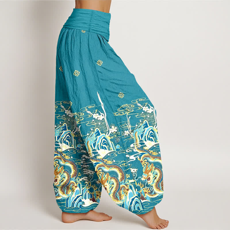 Nimara Ritual Pure Cotton Dragon Cloud Wave Pattern Women's Elastic Waist Harem Pants
