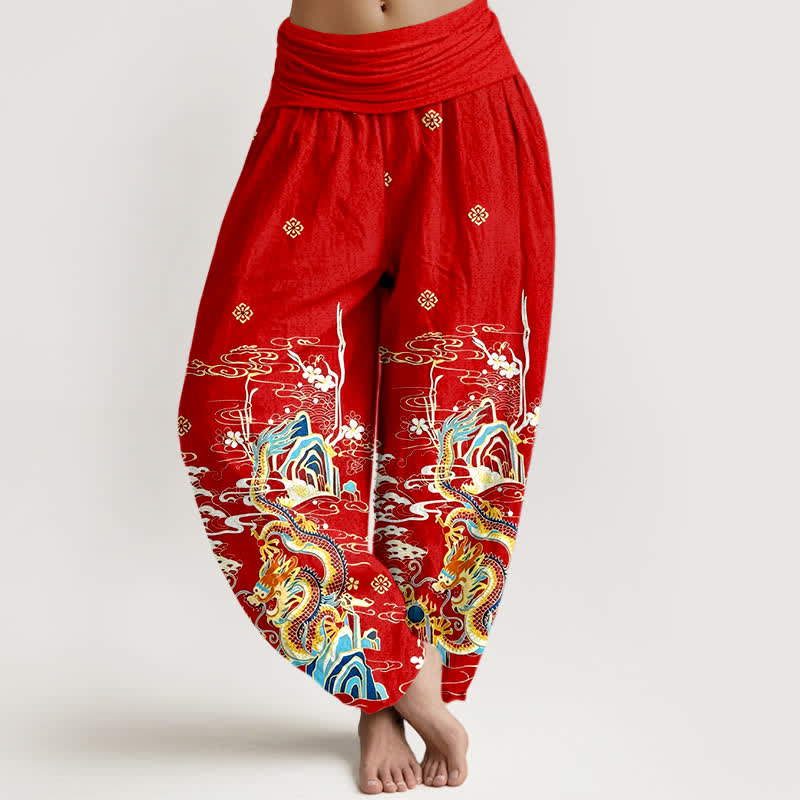 Nimara Ritual Pure Cotton Dragon Cloud Wave Pattern Women's Elastic Waist Harem Pants