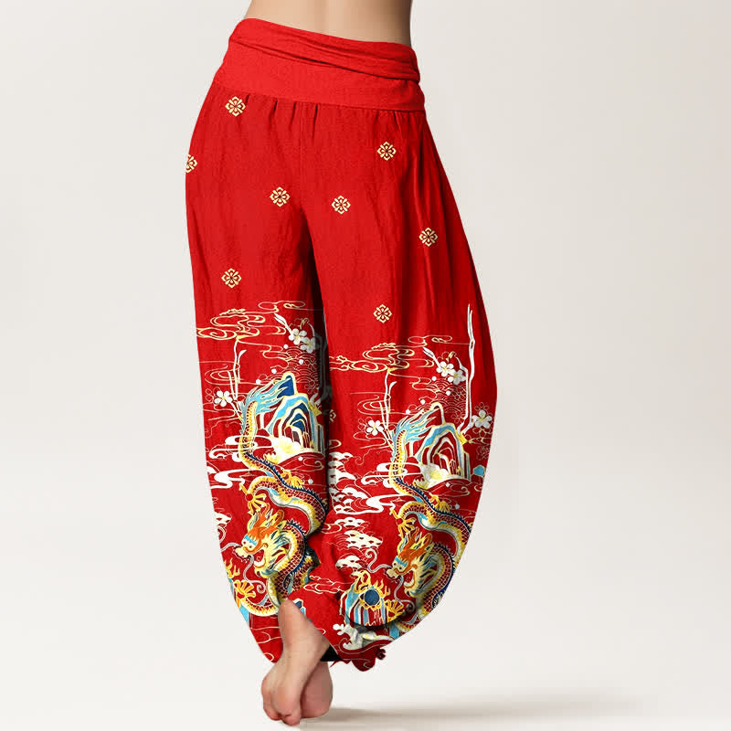 Nimara Ritual Pure Cotton Dragon Cloud Wave Pattern Women's Elastic Waist Harem Pants