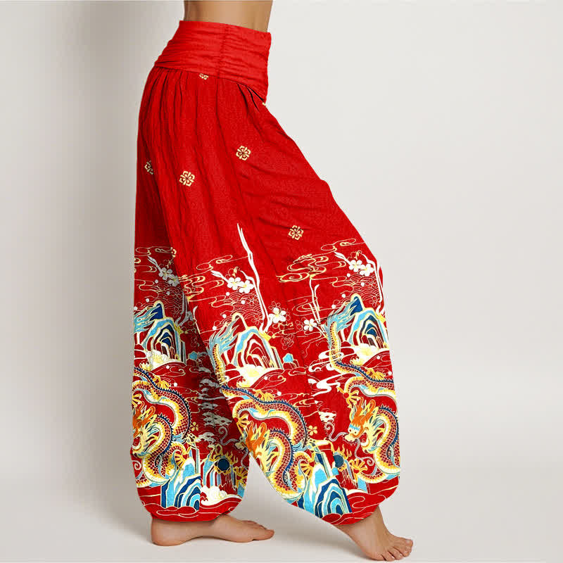 Nimara Ritual Pure Cotton Dragon Cloud Wave Pattern Women's Elastic Waist Harem Pants