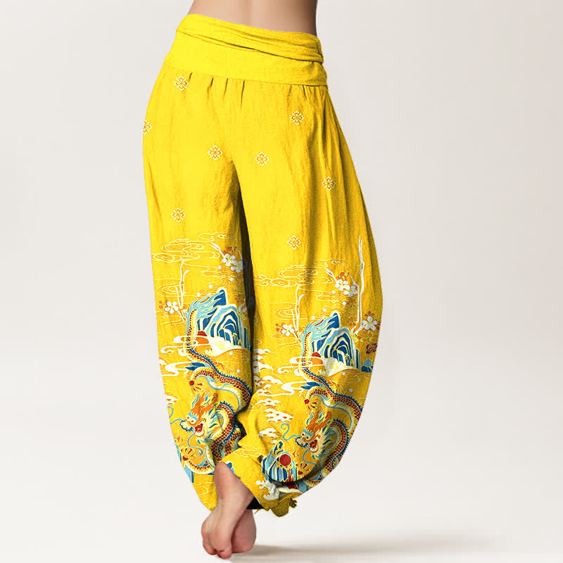 Nimara Ritual Pure Cotton Dragon Cloud Wave Pattern Women's Elastic Waist Harem Pants