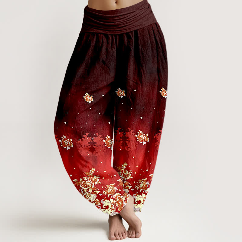 Nimara Ritual Pure Cotton Vintage Rose Floral Pattern Women's Elastic Waist Harem Pants