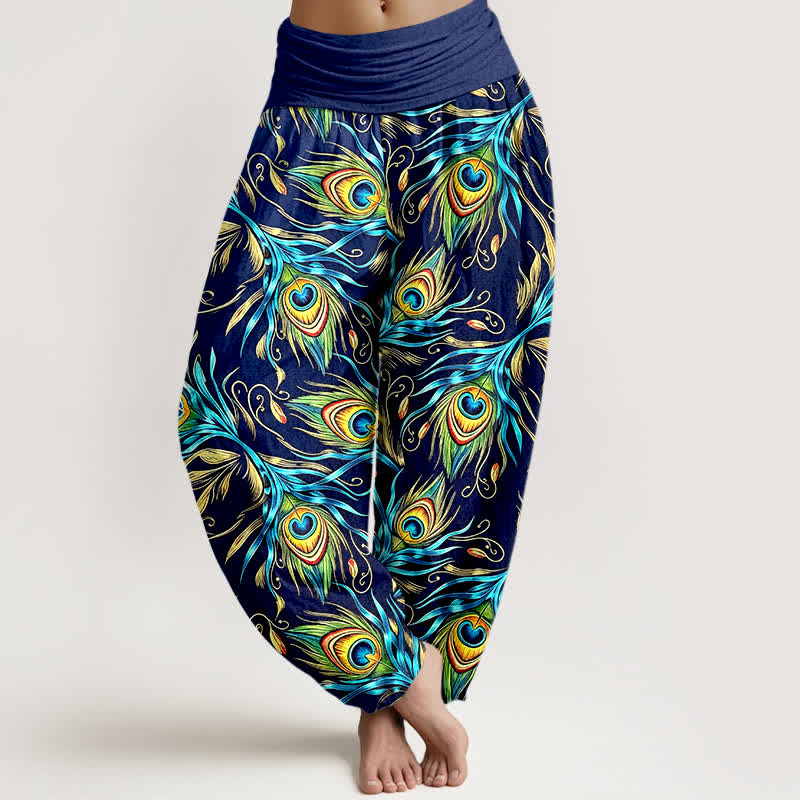 Nimara Ritual Pure Cotton Peacock Feather Pattern Women's Elastic Waist Harem Pants