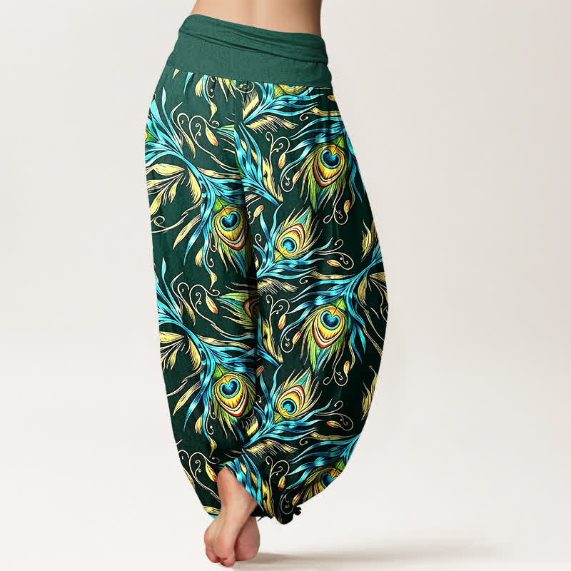 Nimara Ritual Pure Cotton Peacock Feather Pattern Women's Elastic Waist Harem Pants