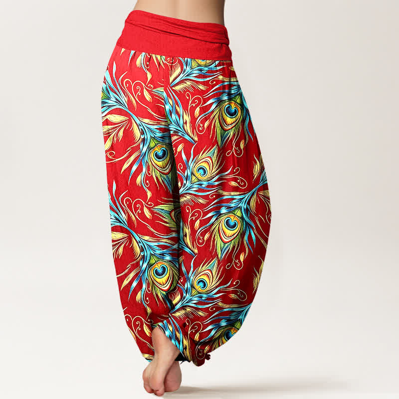 Nimara Ritual Pure Cotton Peacock Feather Pattern Women's Elastic Waist Harem Pants