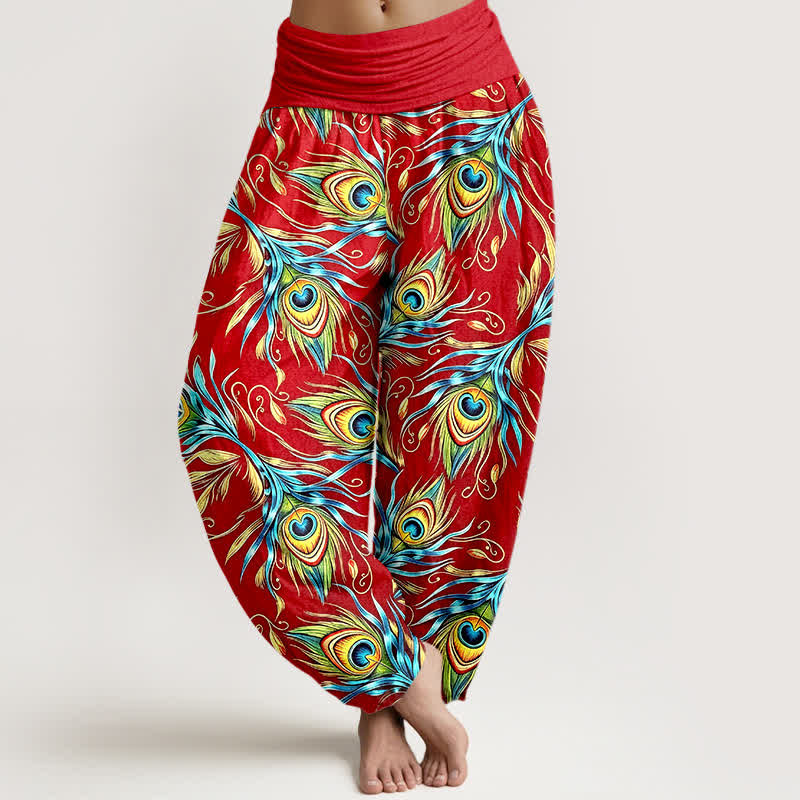 Nimara Ritual Pure Cotton Peacock Feather Pattern Women's Elastic Waist Harem Pants