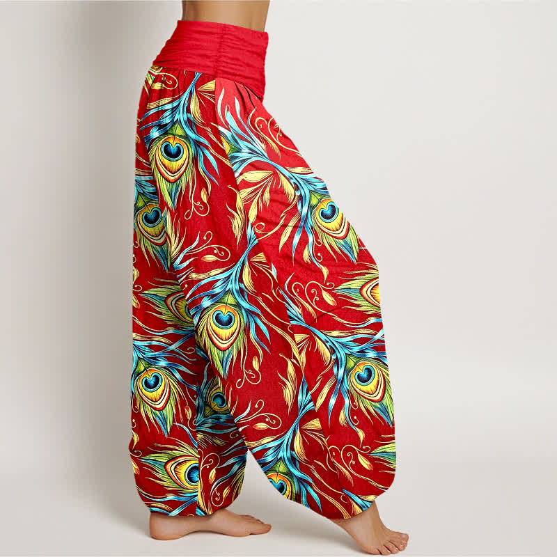 Nimara Ritual Pure Cotton Peacock Feather Pattern Women's Elastic Waist Harem Pants