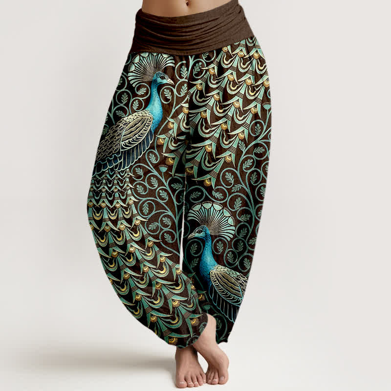 Nimara Ritual Pure Cotton Peacock Feather Vine Pattern Women's Elastic Waist Harem Pants