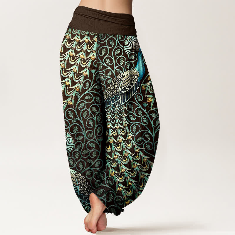 Nimara Ritual Pure Cotton Peacock Feather Vine Pattern Women's Elastic Waist Harem Pants