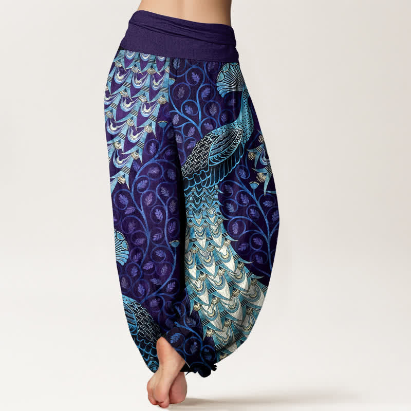 Nimara Ritual Pure Cotton Peacock Feather Vine Pattern Women's Elastic Waist Harem Pants