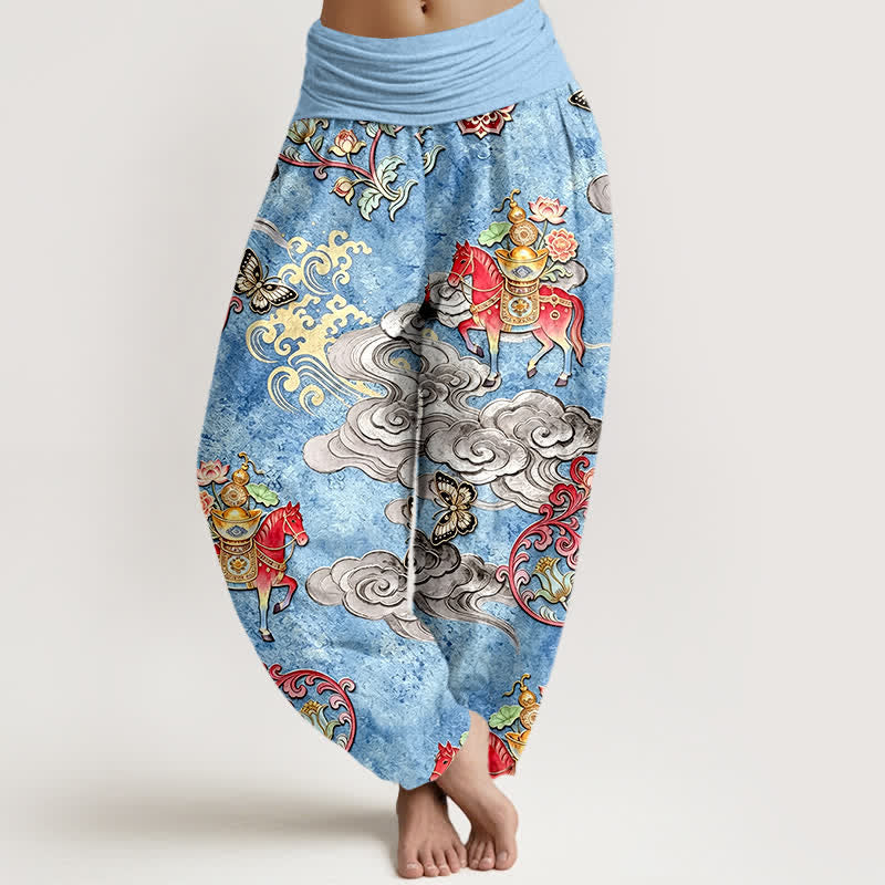 Nimara Ritual Pure Cotton Auspicious Clouds Horse Flower Pattern Women's Elastic Waist Harem Pants