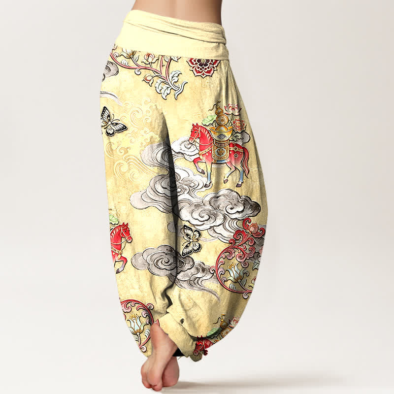 Nimara Ritual Pure Cotton Auspicious Clouds Horse Flower Pattern Women's Elastic Waist Harem Pants