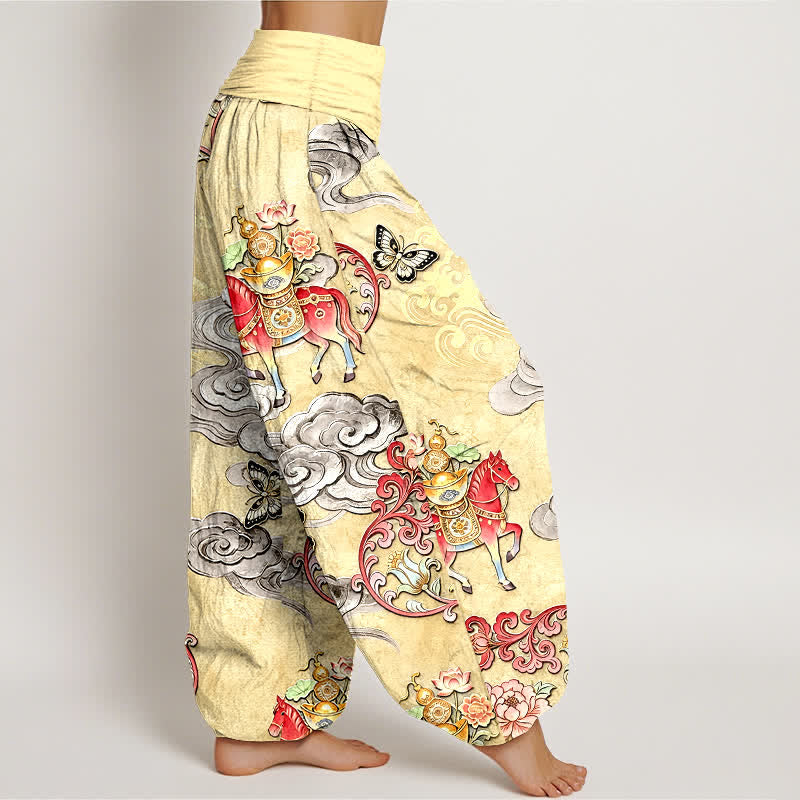 Nimara Ritual Pure Cotton Auspicious Clouds Horse Flower Pattern Women's Elastic Waist Harem Pants