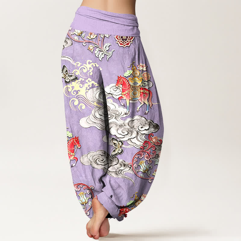 Nimara Ritual Pure Cotton Auspicious Clouds Horse Flower Pattern Women's Elastic Waist Harem Pants