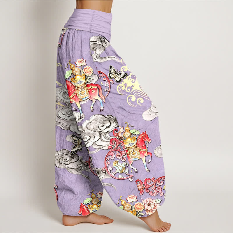 Nimara Ritual Pure Cotton Auspicious Clouds Horse Flower Pattern Women's Elastic Waist Harem Pants
