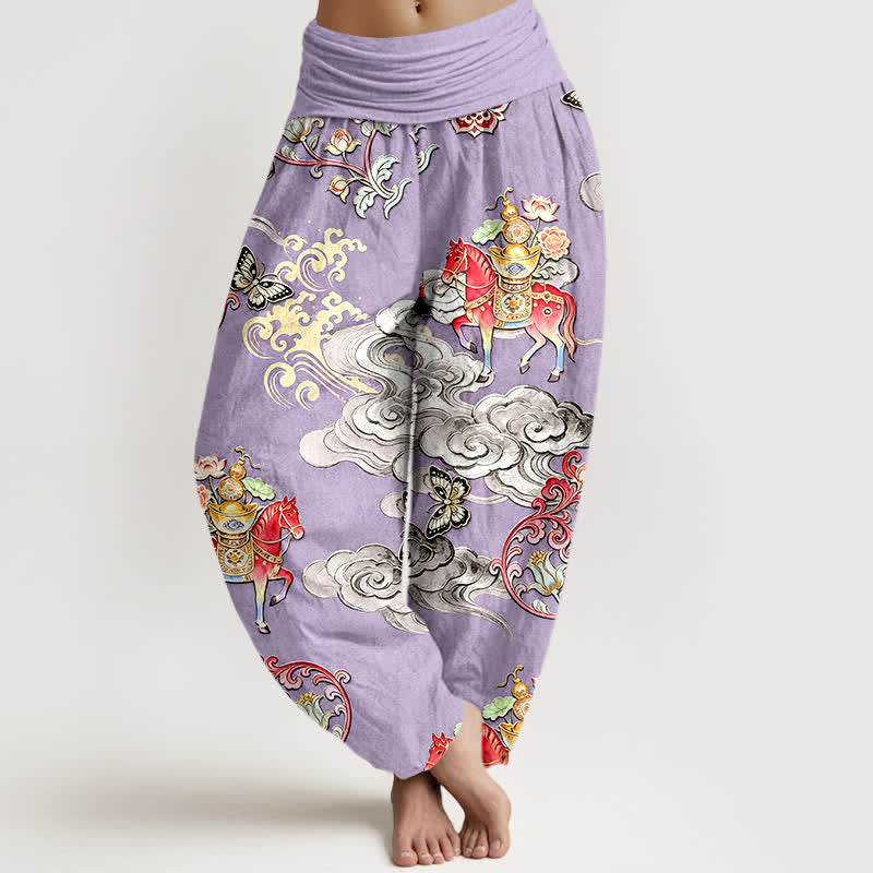 Nimara Ritual Pure Cotton Auspicious Clouds Horse Flower Pattern Women's Elastic Waist Harem Pants