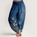 Nimara Ritual Cotton Gold Bird Circle Pattern Women's Elastic Waist Harem Pants