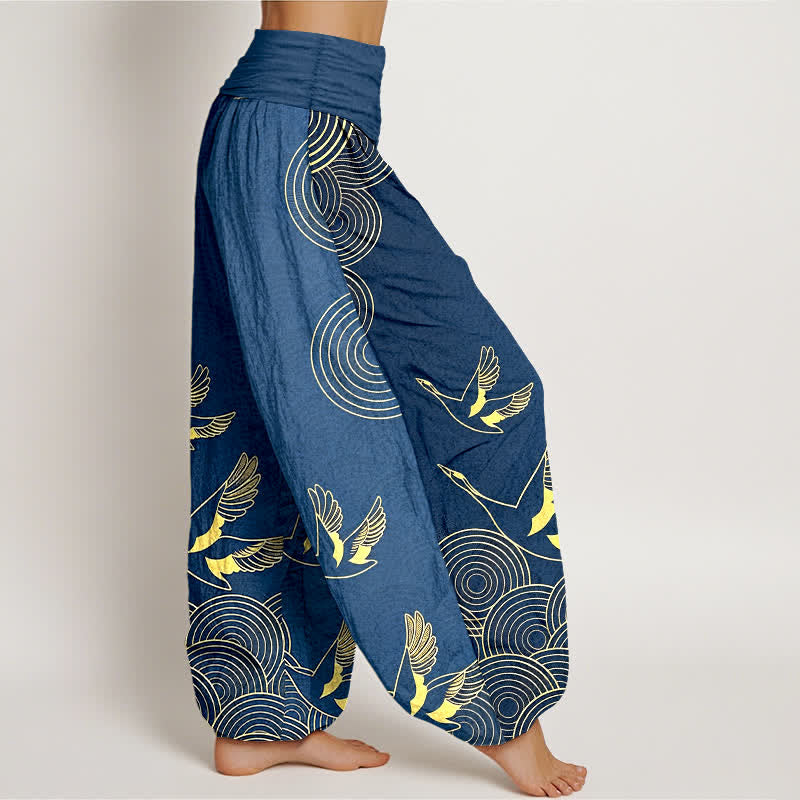 Nimara Ritual Cotton Gold Bird Circle Pattern Women's Elastic Waist Harem Pants