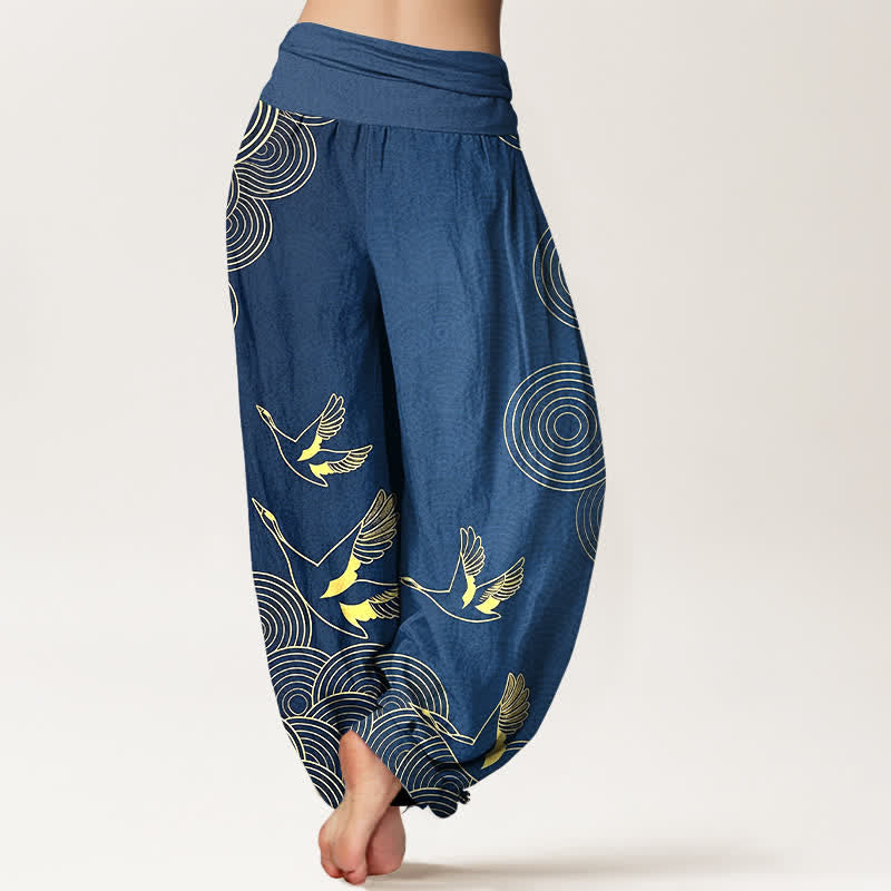 Nimara Ritual Cotton Gold Bird Circle Pattern Women's Elastic Waist Harem Pants