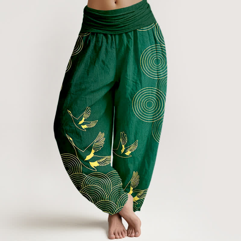 Nimara Ritual Cotton Gold Bird Circle Pattern Women's Elastic Waist Harem Pants