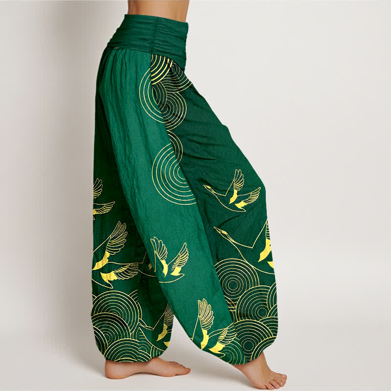 Nimara Ritual Cotton Gold Bird Circle Pattern Women's Elastic Waist Harem Pants