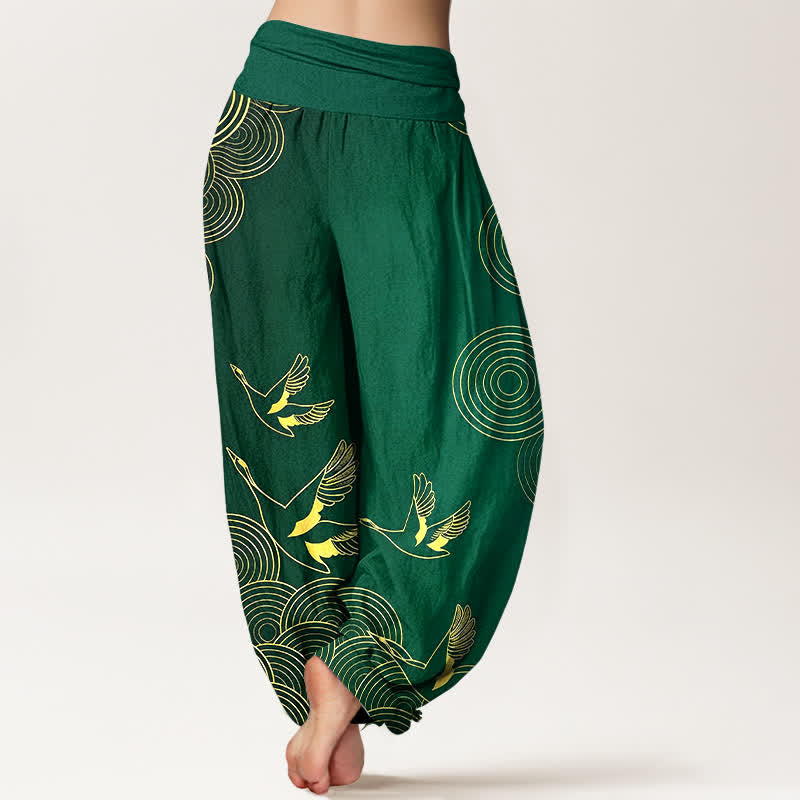 Nimara Ritual Cotton Gold Bird Circle Pattern Women's Elastic Waist Harem Pants