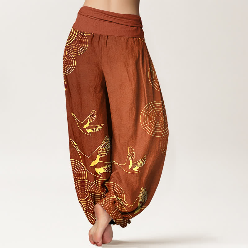 Nimara Ritual Cotton Gold Bird Circle Pattern Women's Elastic Waist Harem Pants