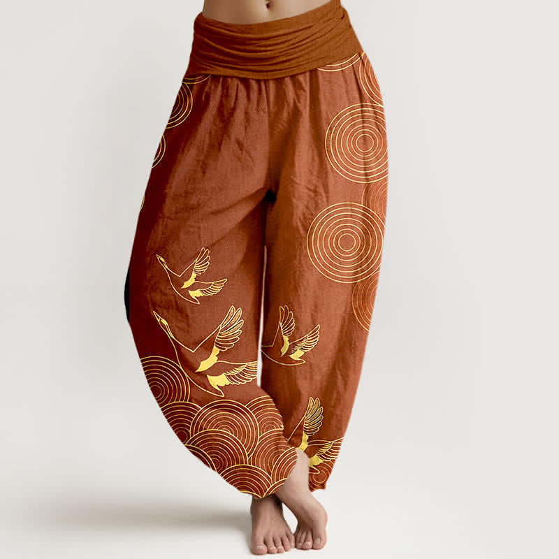 Nimara Ritual Cotton Gold Bird Circle Pattern Women's Elastic Waist Harem Pants