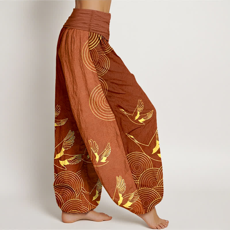 Nimara Ritual Cotton Gold Bird Circle Pattern Women's Elastic Waist Harem Pants