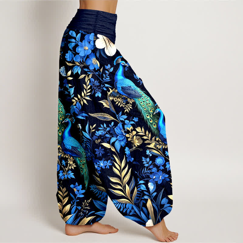 Nimara Ritual Pure Cotton Teal Peacock Floral Pattern Women's Elastic Waist Harem Pants