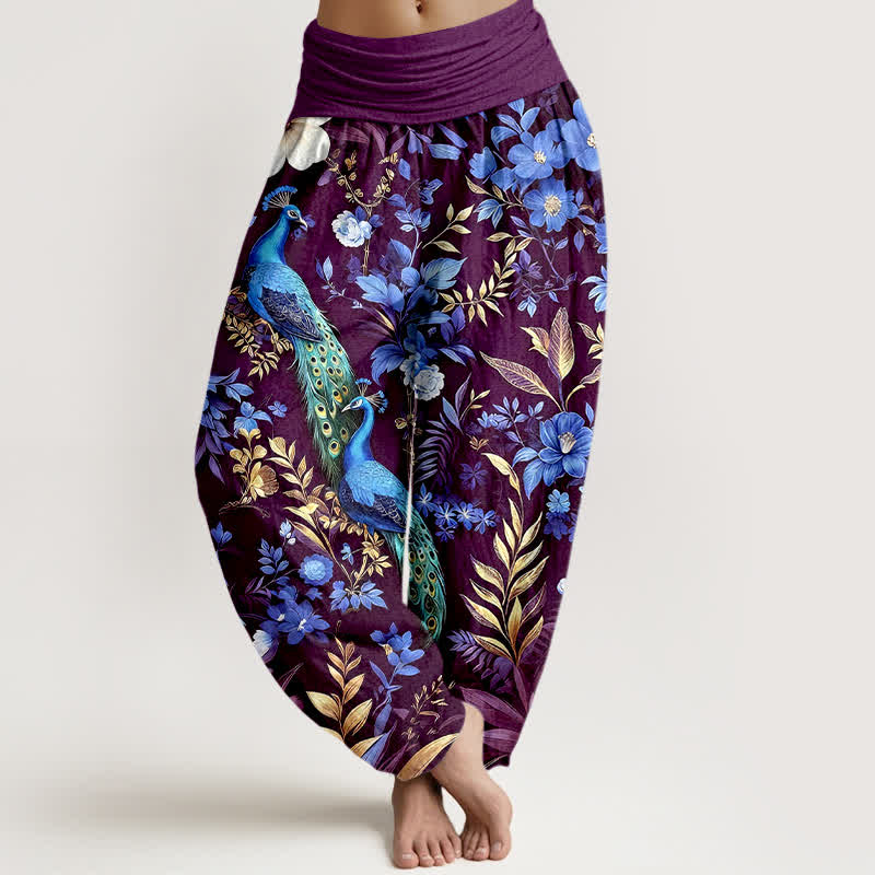 Nimara Ritual Pure Cotton Teal Peacock Floral Pattern Women's Elastic Waist Harem Pants