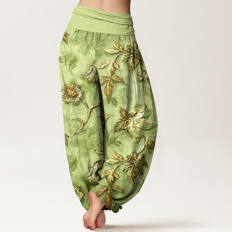 Nimara Ritual Cotton Botanical Leaf Pattern Women's Elastic Waist Harem Pants