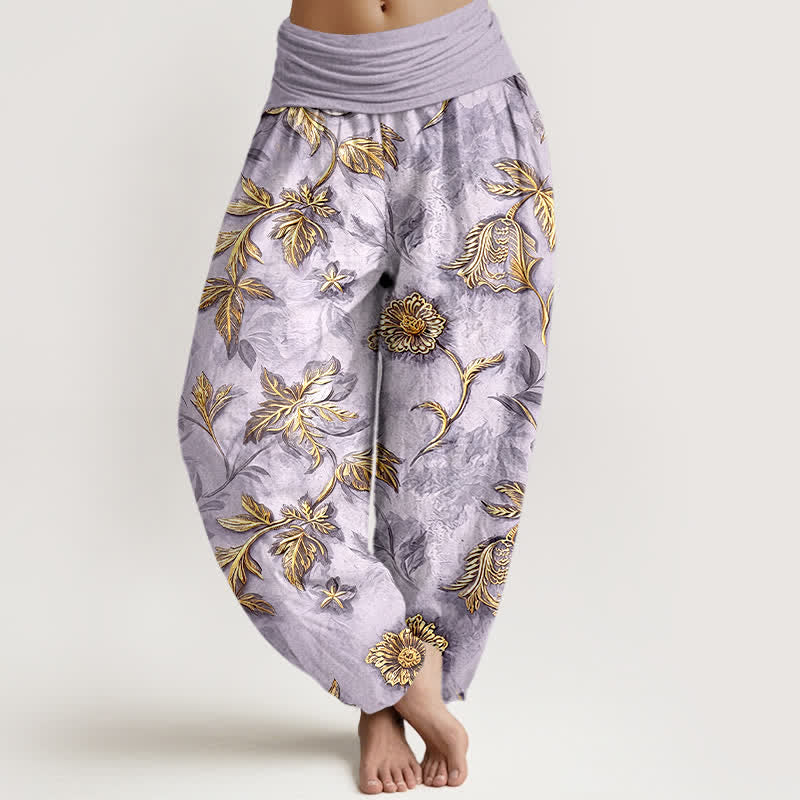 Nimara Ritual Cotton Botanical Leaf Pattern Women's Elastic Waist Harem Pants