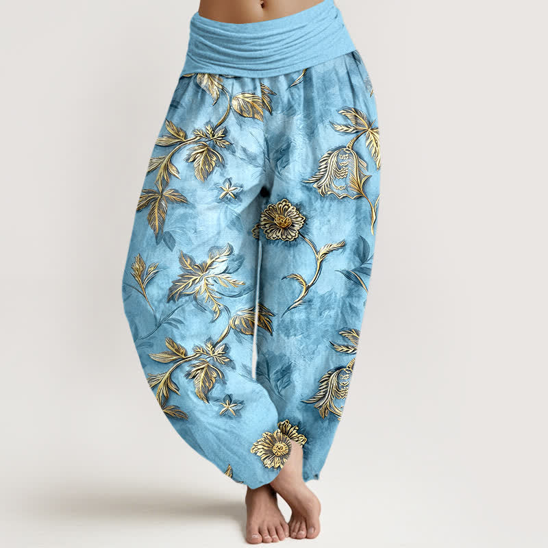 Nimara Ritual Cotton Botanical Leaf Pattern Women's Elastic Waist Harem Pants
