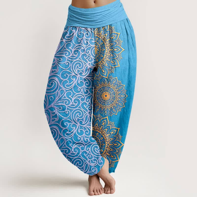 Nimara Ritual Pure Cotton Golden Mandala Floral Pattern Women's Elastic Waist Harem Pants