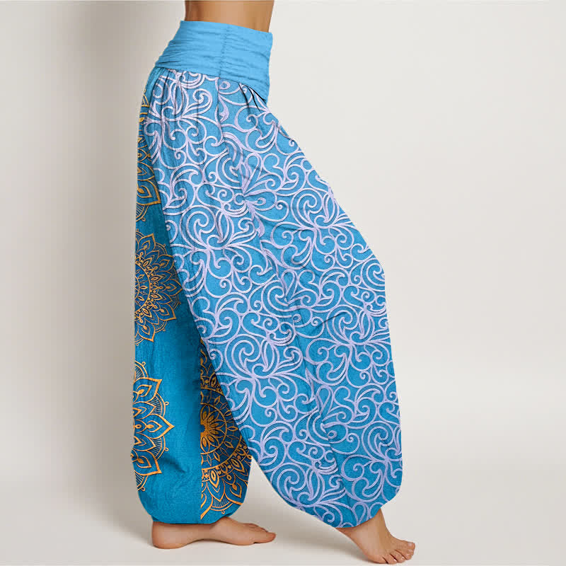 Nimara Ritual Pure Cotton Golden Mandala Floral Pattern Women's Elastic Waist Harem Pants